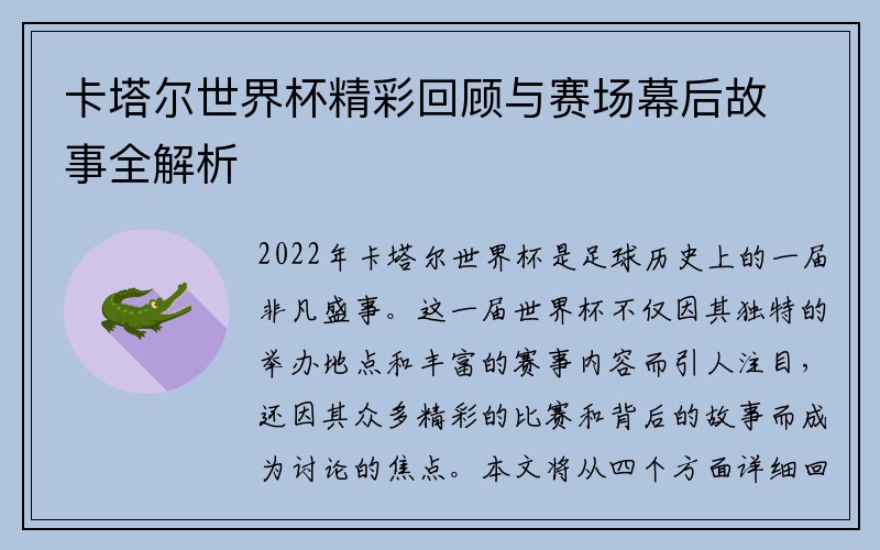 卡塔尔世界杯精彩回顾与赛场幕后故事全解析